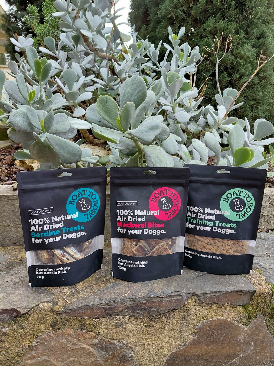 Three pouches of Boat to Bowl air-dried fish treats
