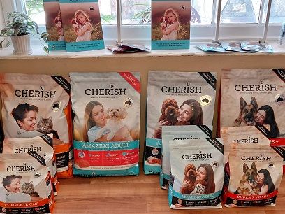 Bags of Cherish pet food on the shelf at For Pets Sake SA