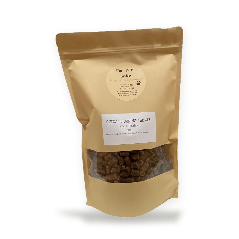 A 1kg For Pets Sake bag of chewy kangaroo and parsley training treats