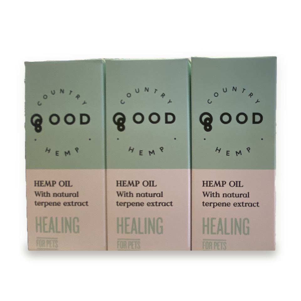 Three boxes of Good Country Hemp healing hemp oil for pets