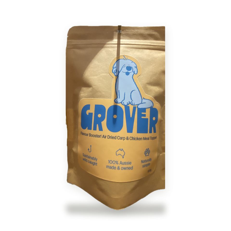 A pouch of Grover air-dried carp and chicken meal topper