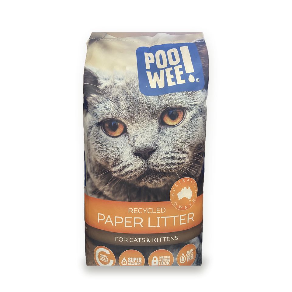 A bag of Poo Wee recycled paper cat litter