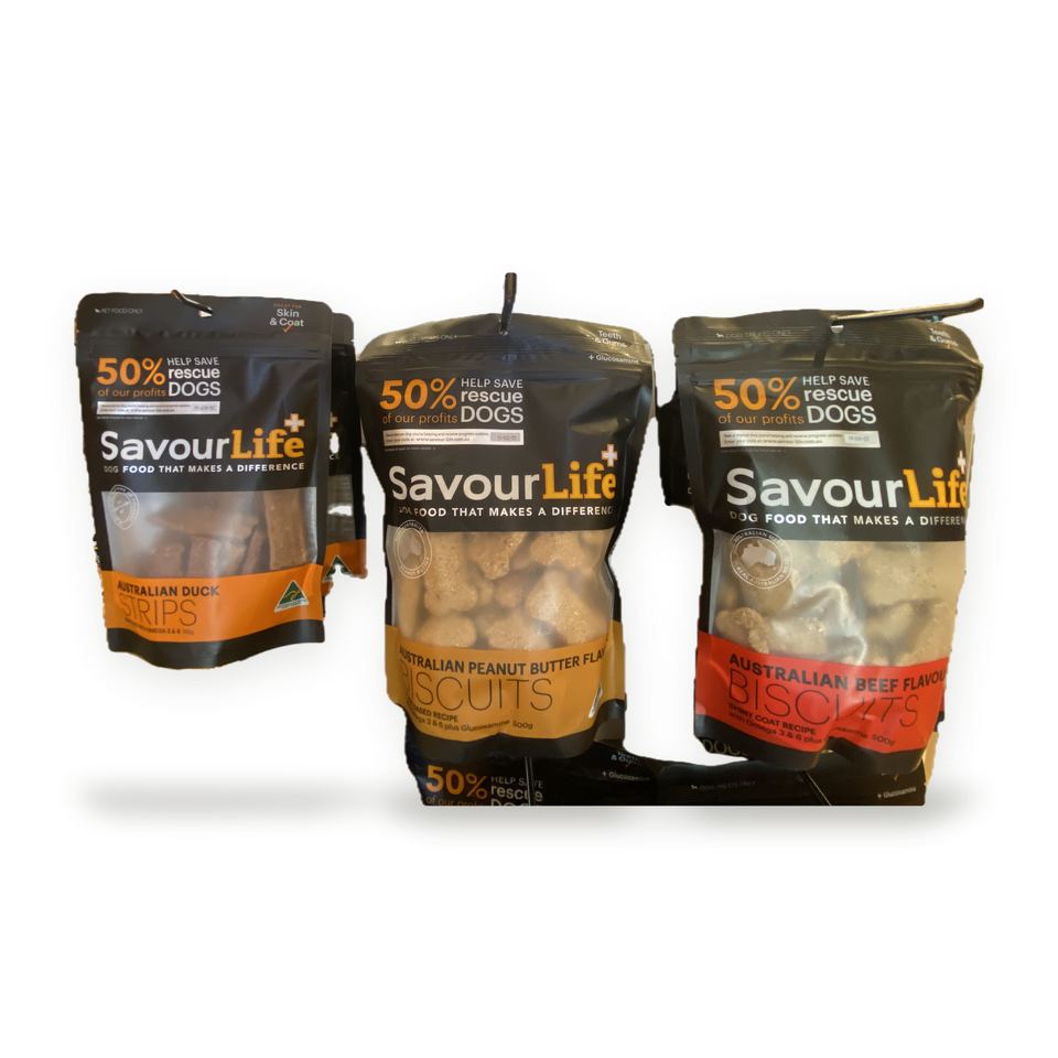 SavourLife duck strips and peanut butter and beef flavour biscuits for dogs