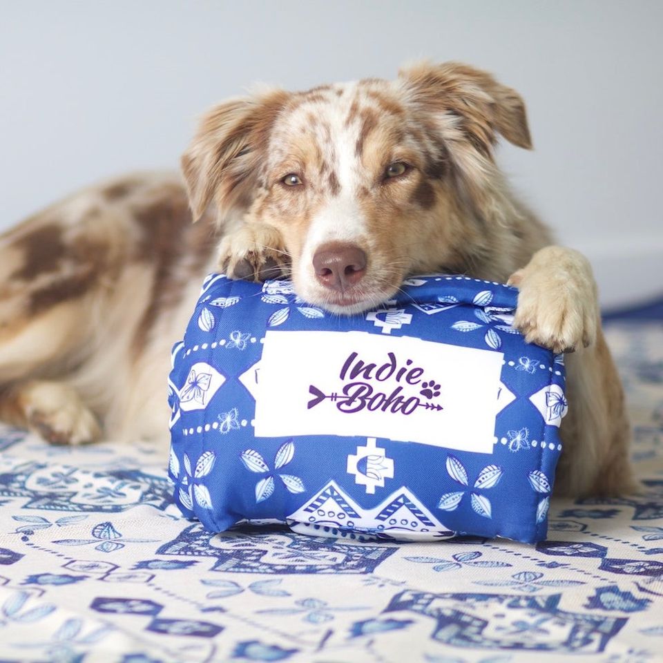 A dog resting its head on a cool blue and white Indie Boho mat