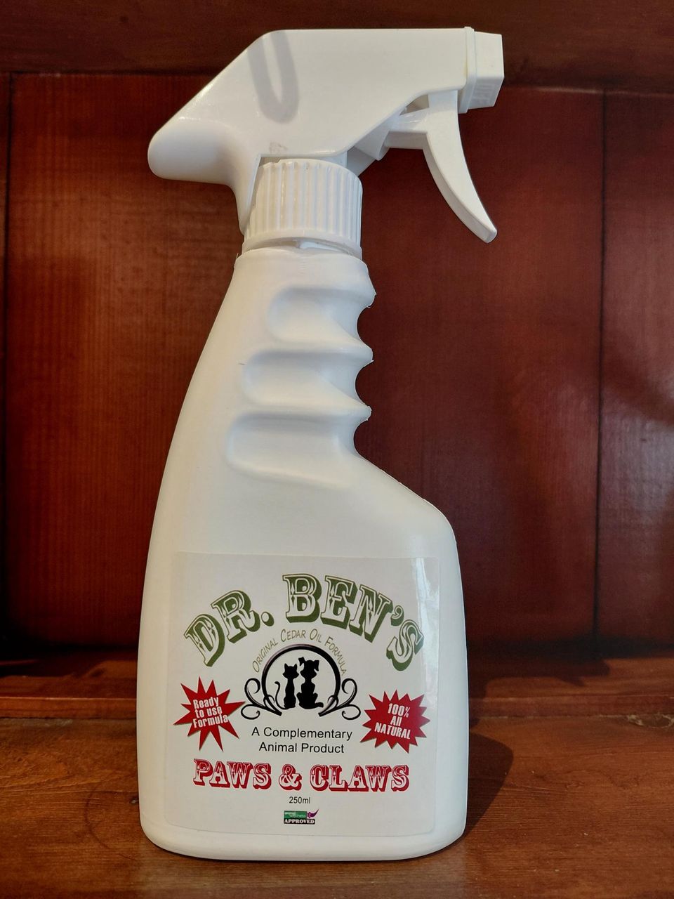 A bottle of Dr Ben’s Paws & Claws cedar oil spray