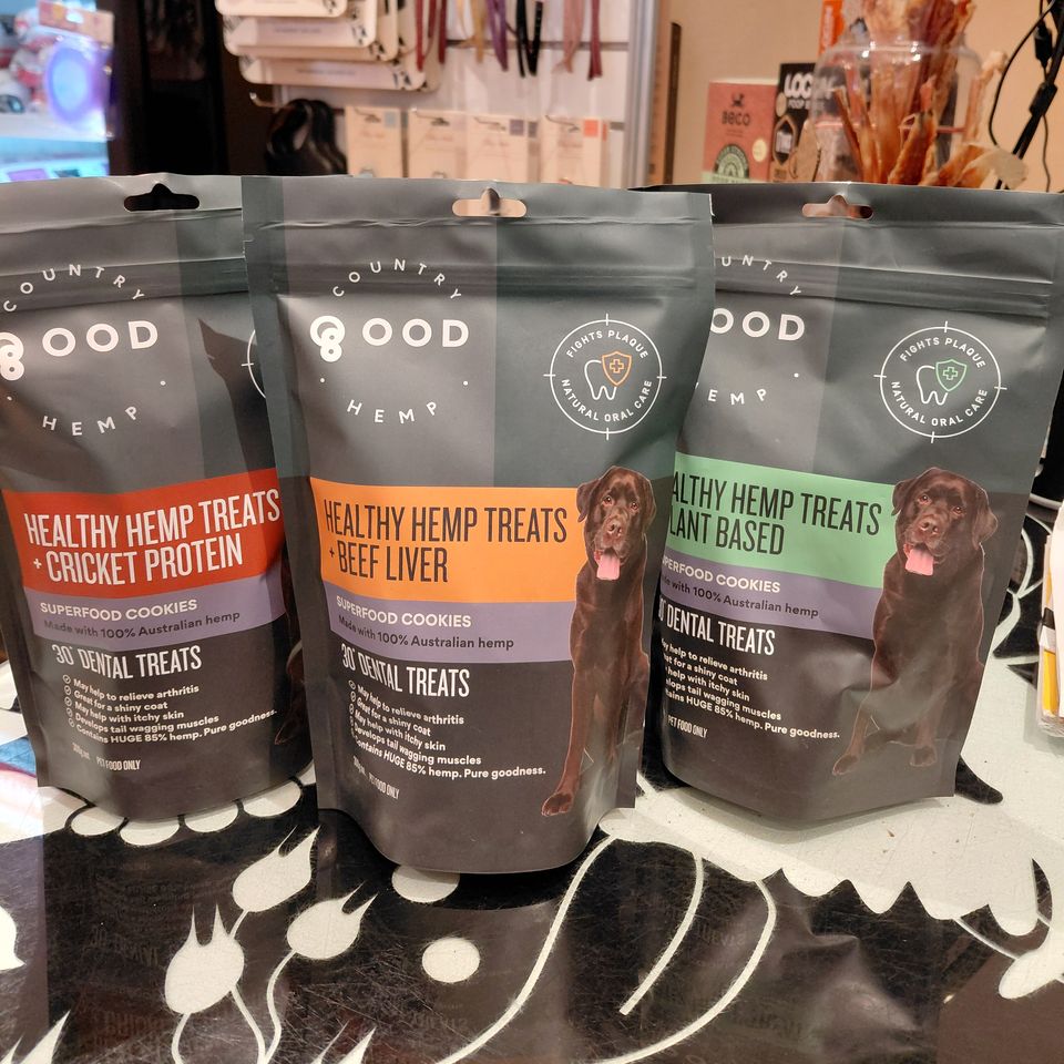 Country Good Hemp healthy hemp treats, made with 100% Australian hemp, on the shop counter