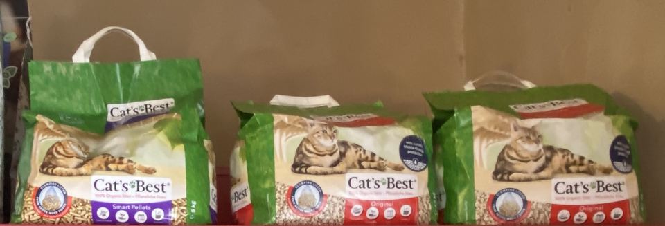 Bags of Cat’s Best cat litter on the shelf at For Pets Sake
