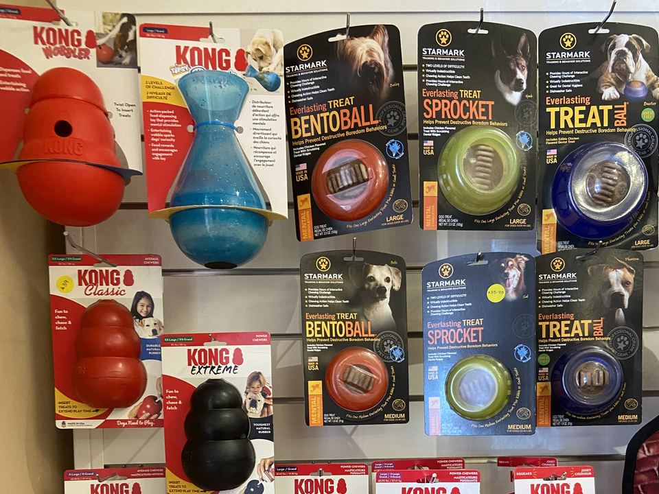 Kong and Starmark treat toys on the wall at For Pets Sake